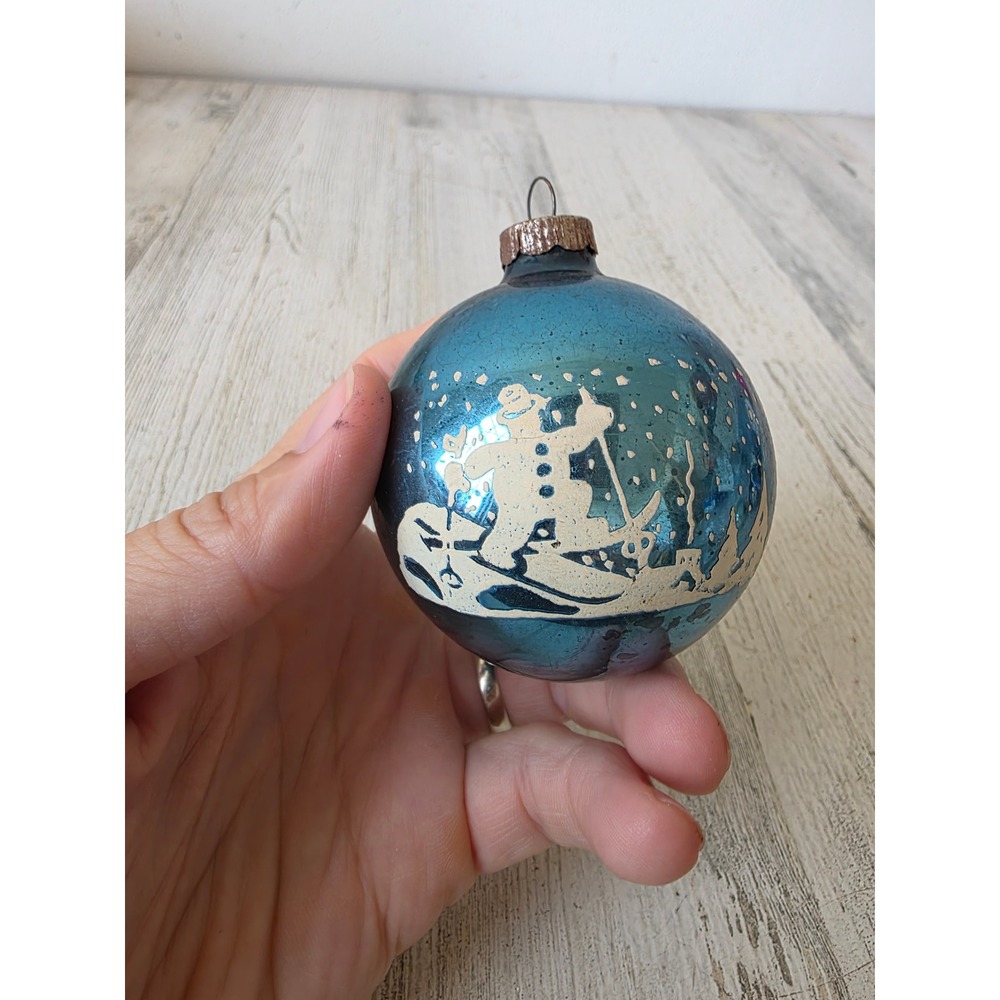 Vintage shiny Brite snowman stencil skier skiing ornament blue Xmas tree